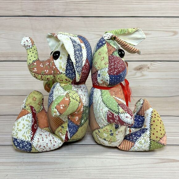 VTG 80s Faux Patchwork Quilt Bunny & Elephant 12” Stuffed Animal Plush Set of 2 - Picture 8 of 16